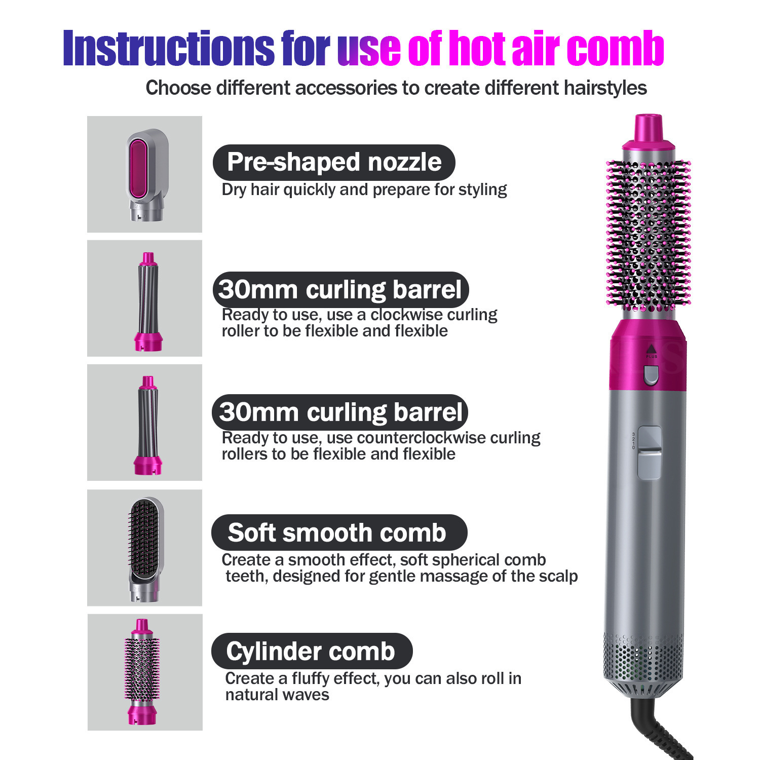 Hair Curling One-step Hair Blow Dryer Comb and Volumizer 5 in 1 Hot Air Brush